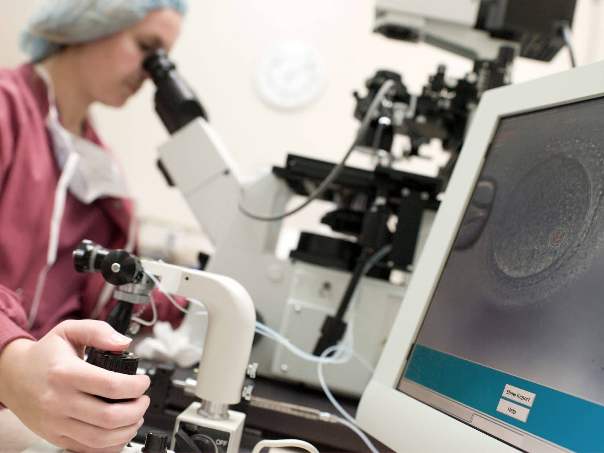 Embriolożka pracuje przy mikroskopie z monitorem w laboratorium